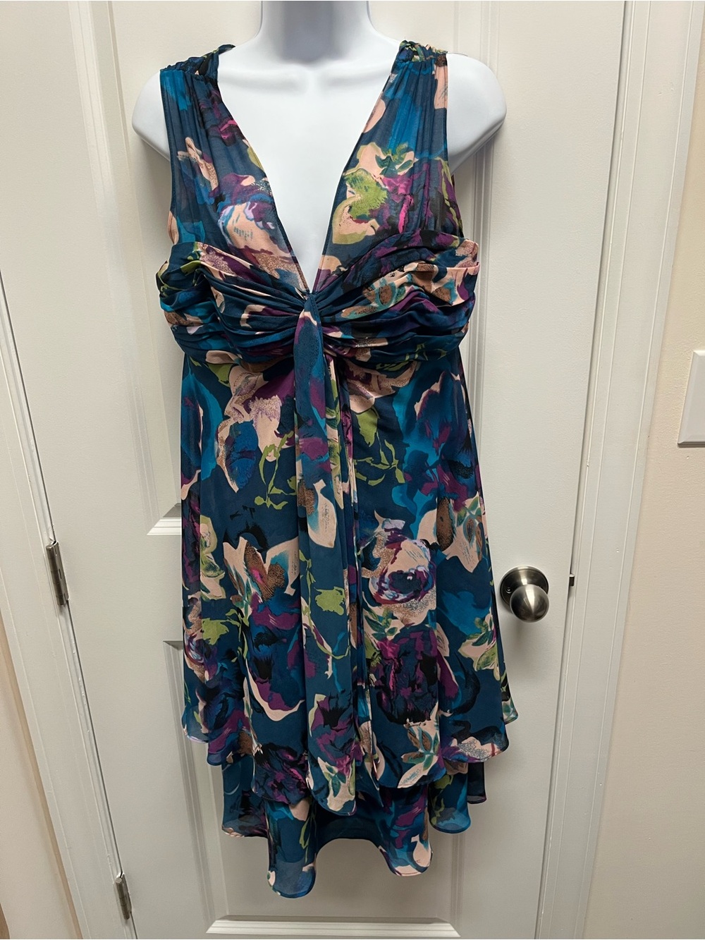 Donna Ricco Floral Chiffon Ruched Bust Midi Dress Size 8